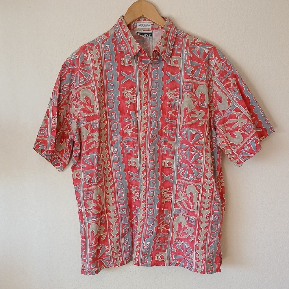 Vintage Surf Gear Hawaiian Tribal Print Button Up Short Sleeve Shirt